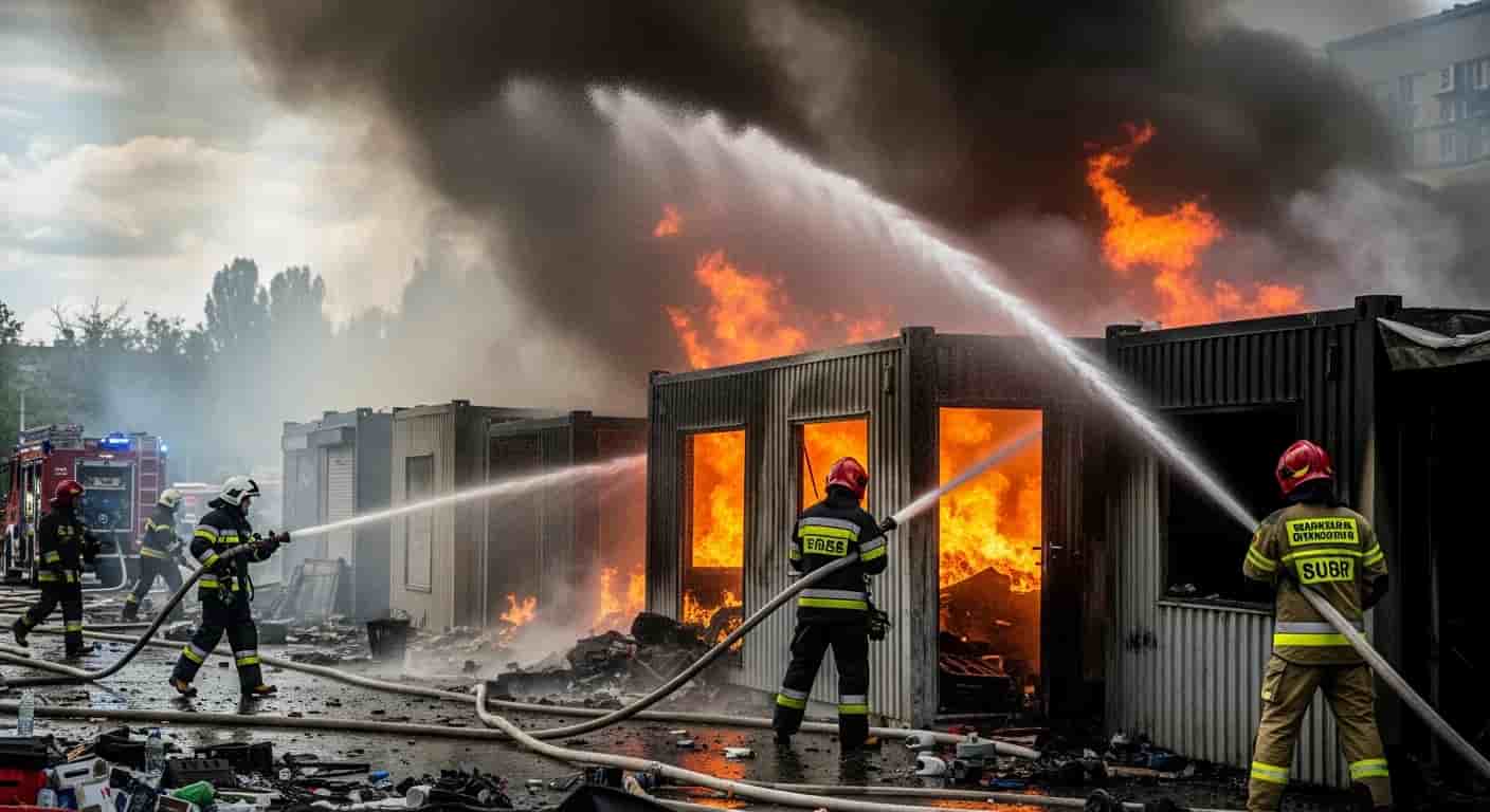 Pożar targowiska przy ulicy Bakalarskiej w Warszawie. Służby walczą z ogniem w kontenerach usługowych