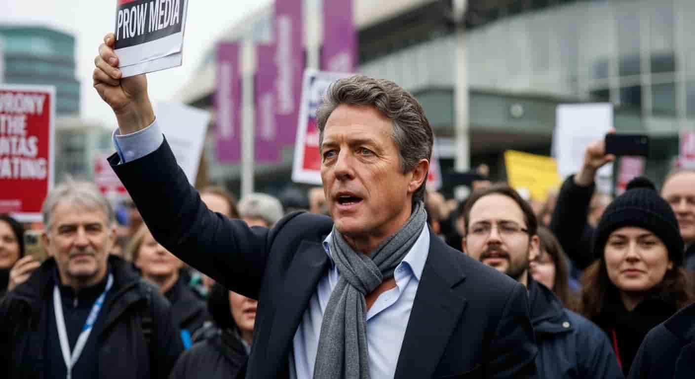 Hugh Grant dołącza do protestu przeciwko mediom podczas konferencji Partii Pracy w Liverpoolu