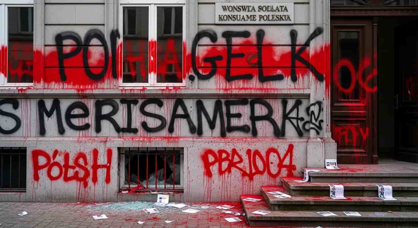 Atak na polski konsulat w Brukseli - budynek oblany czerwoną farbą i zdewastowany