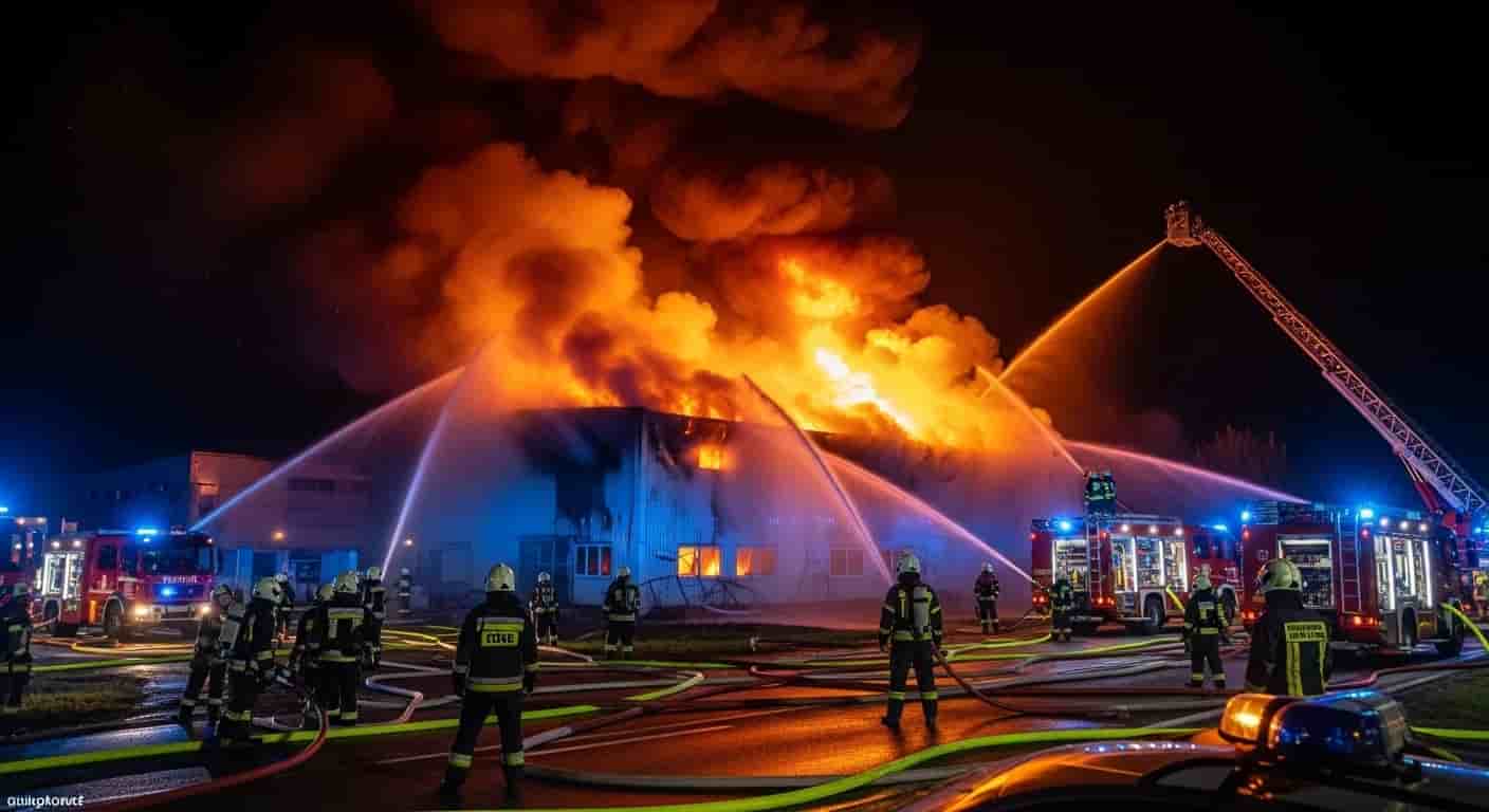 Pożar fabryki okien w Rusocinie - 80 strażaków walczy z płomieniami, droga krajowa zablokowana