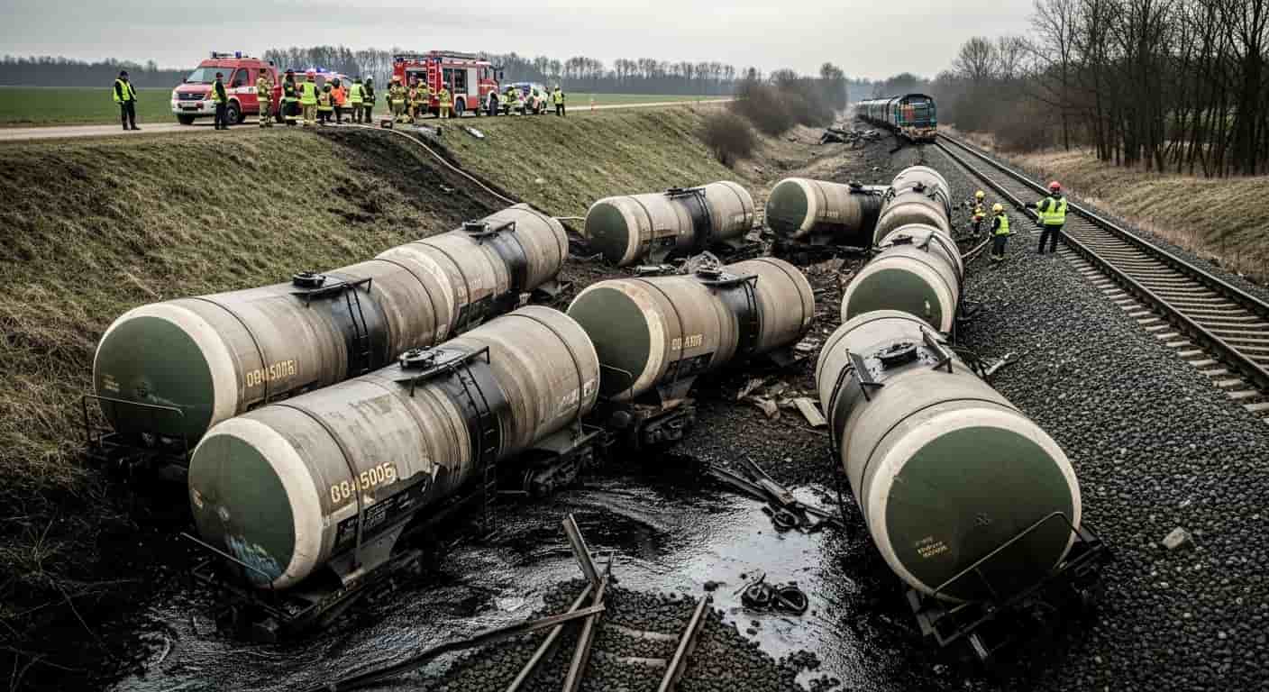 Wykolejenie pociągu towarowego pod Jaroszową Wolą - osiem cystern z olejem napędowym zjechało z nasypu