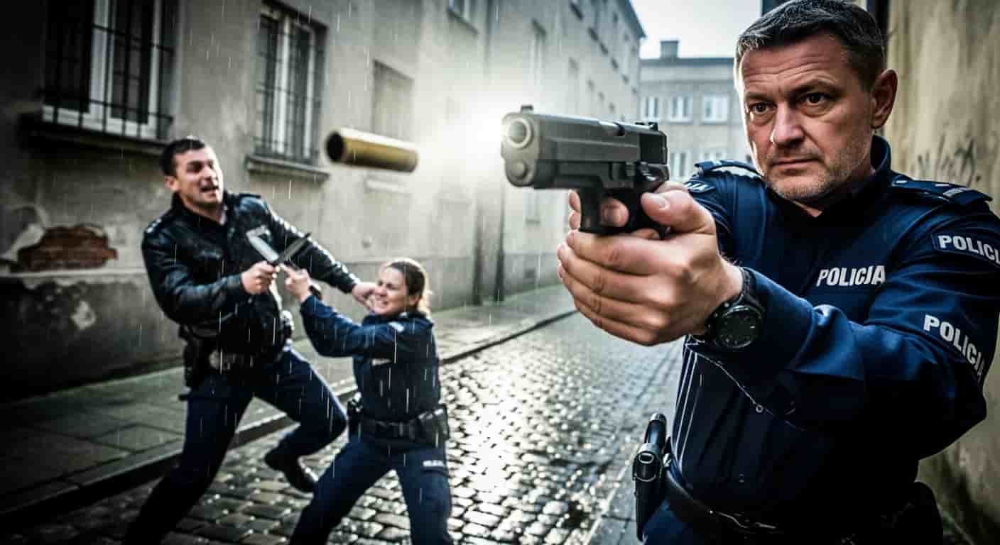 Dramatyczna interwencja w Pobiedziskach - policjant zastrzelił napastnika atakującego koleżankę nożem