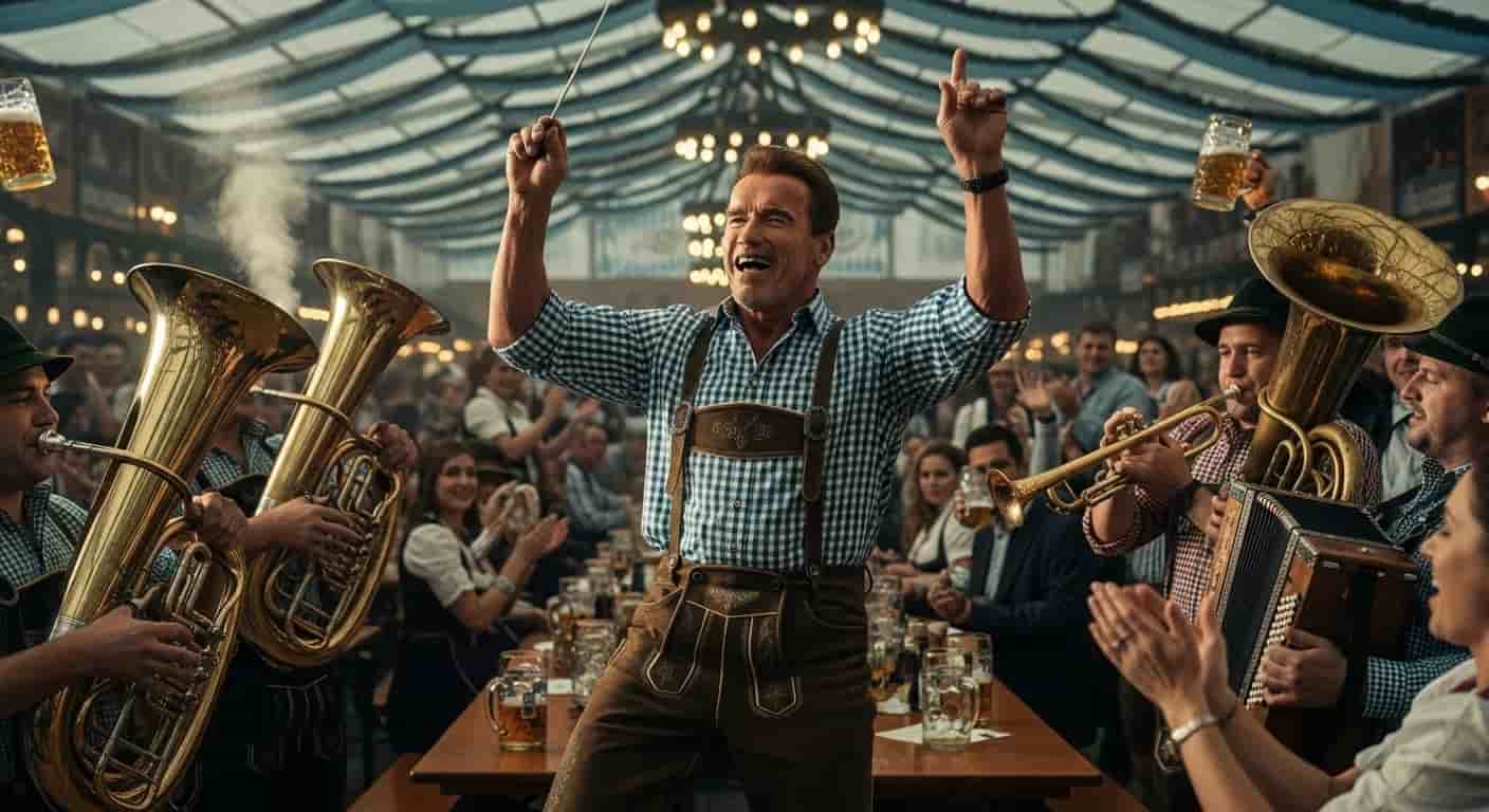 Arnold Schwarzenegger dyryguje zespołem w namiocie piwnym na Oktoberfest w Monachium