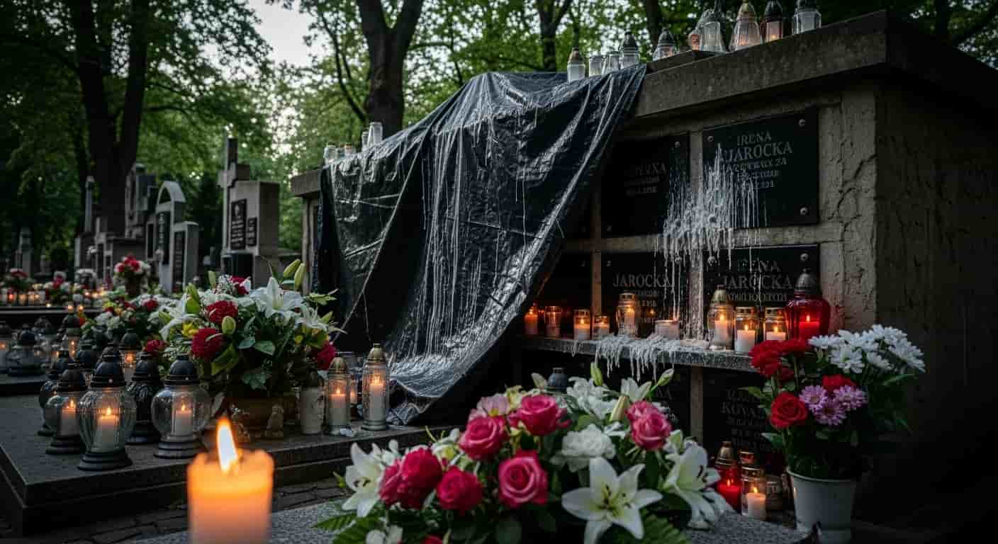 Grób Ireny Jarockiej na Starych Powązkach wzrusza fanów - czarna płachta chroni kolumbarium przed woskiem ze zniczy