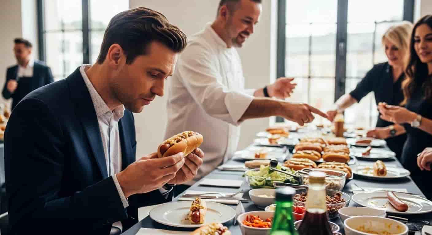 Mikołaj Roznerski oceniał hot dogi w MasterChefie podczas urodzinowej fety Michela Morana