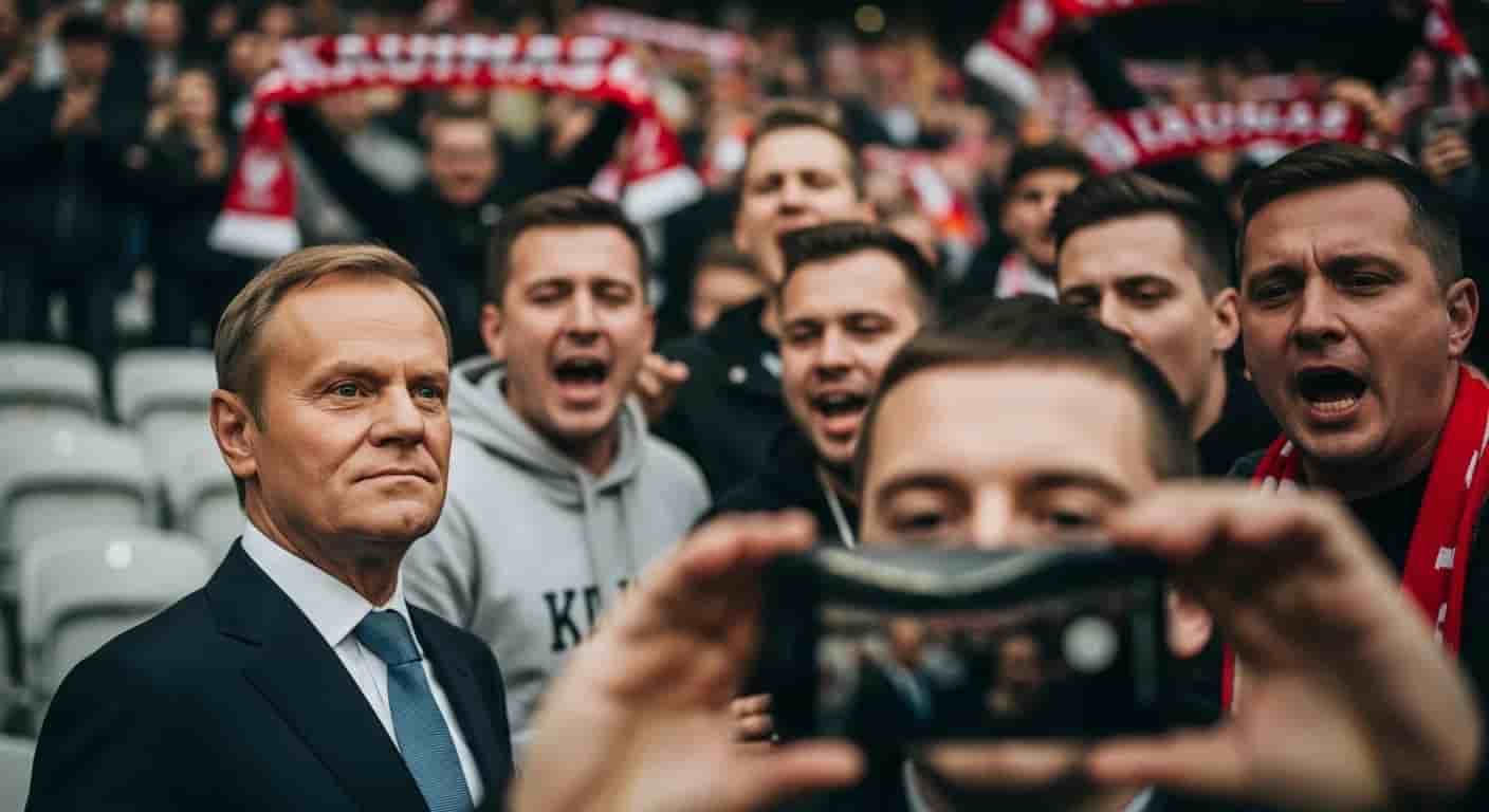 Donald Tusk na meczu w Kownie - spokojnie zniósł wyzwiska kibiców i pozował do zdjęć