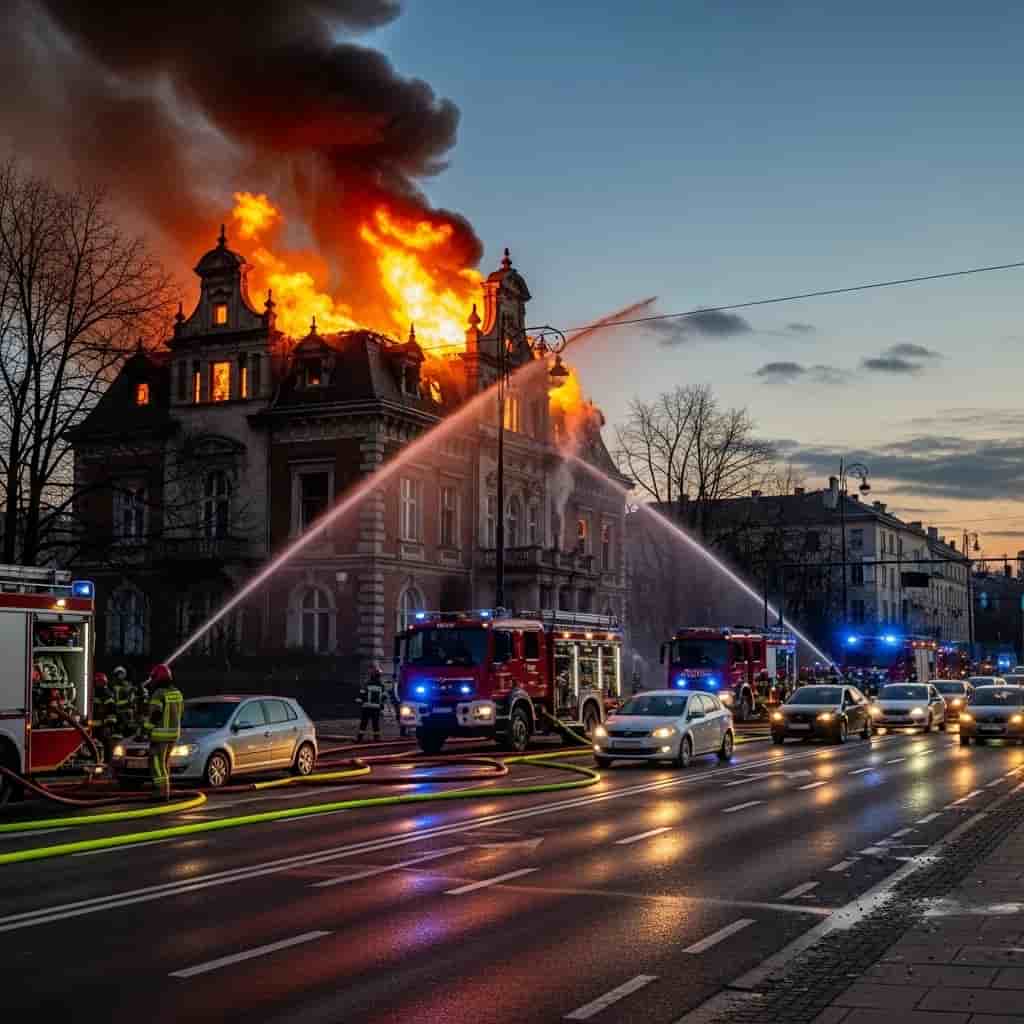 Pożar historycznej willi w Warszawie sparaliżował ruch na Żwirki i Wigury