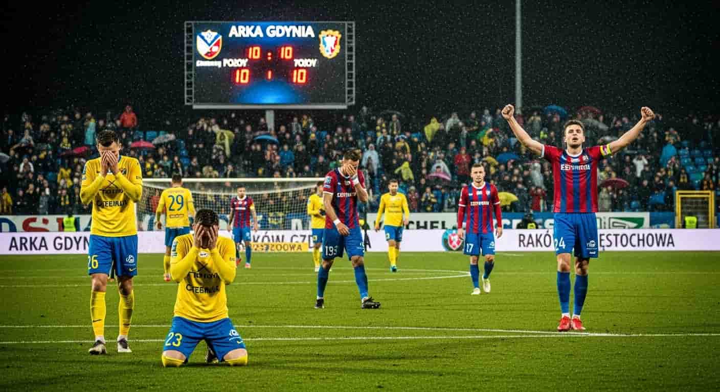 Arka Gdynia przegrała z Rakowem Częstochowa w dramatycznym meczu 17. kolejki Ekstraklasy