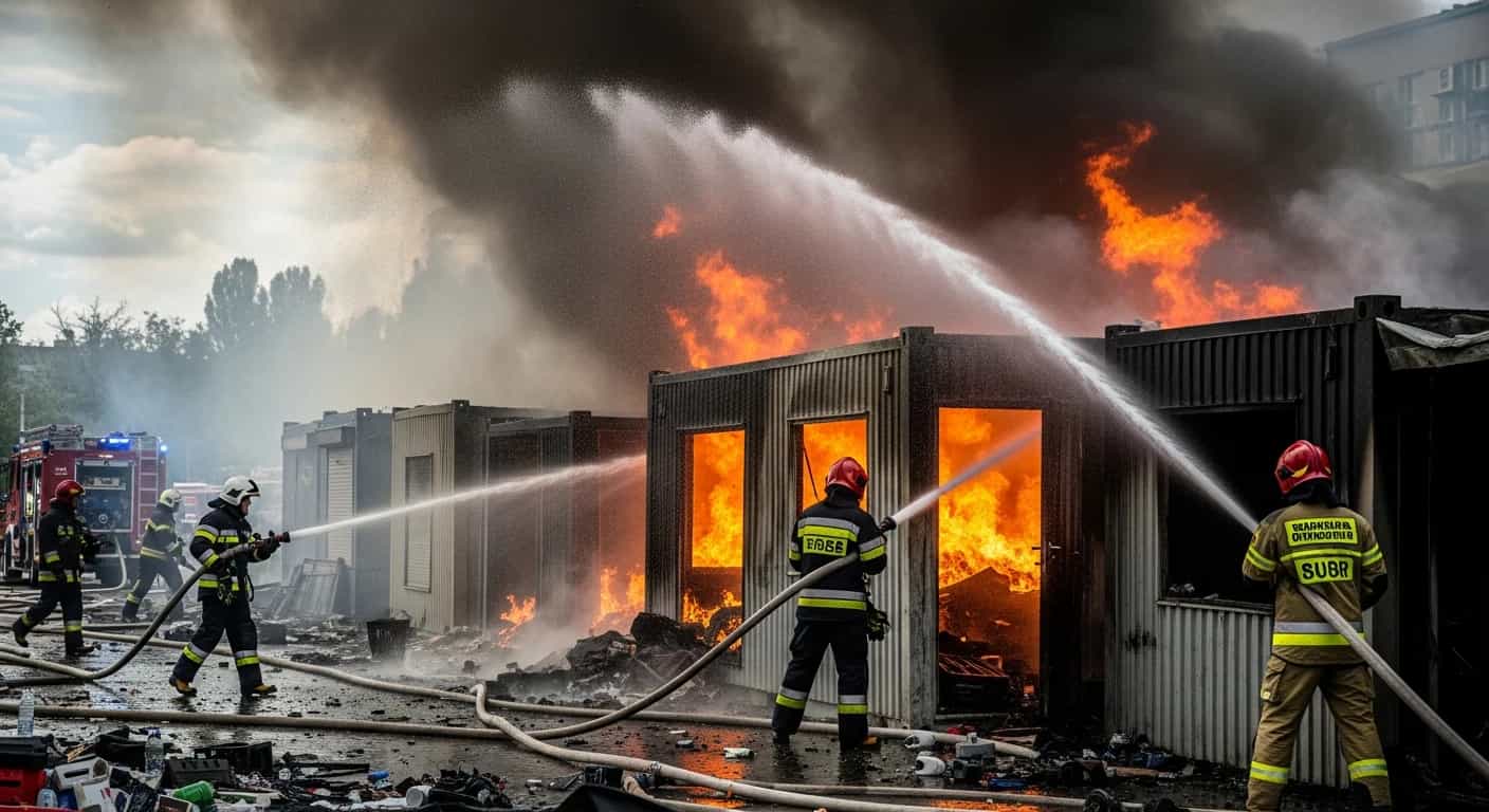 Pożar targowiska przy ulicy Bakalarskiej w Warszawie. Służby walczą z ogniem w kontenerach usługowych