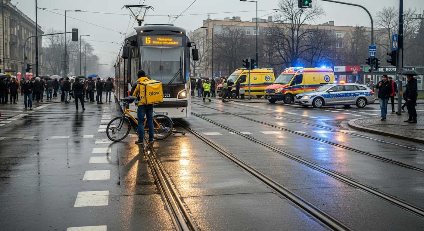 Wypadek kuriera Glovo w Trójmieście - tramwaj potrącił rowerzystę na skrzyżowaniu