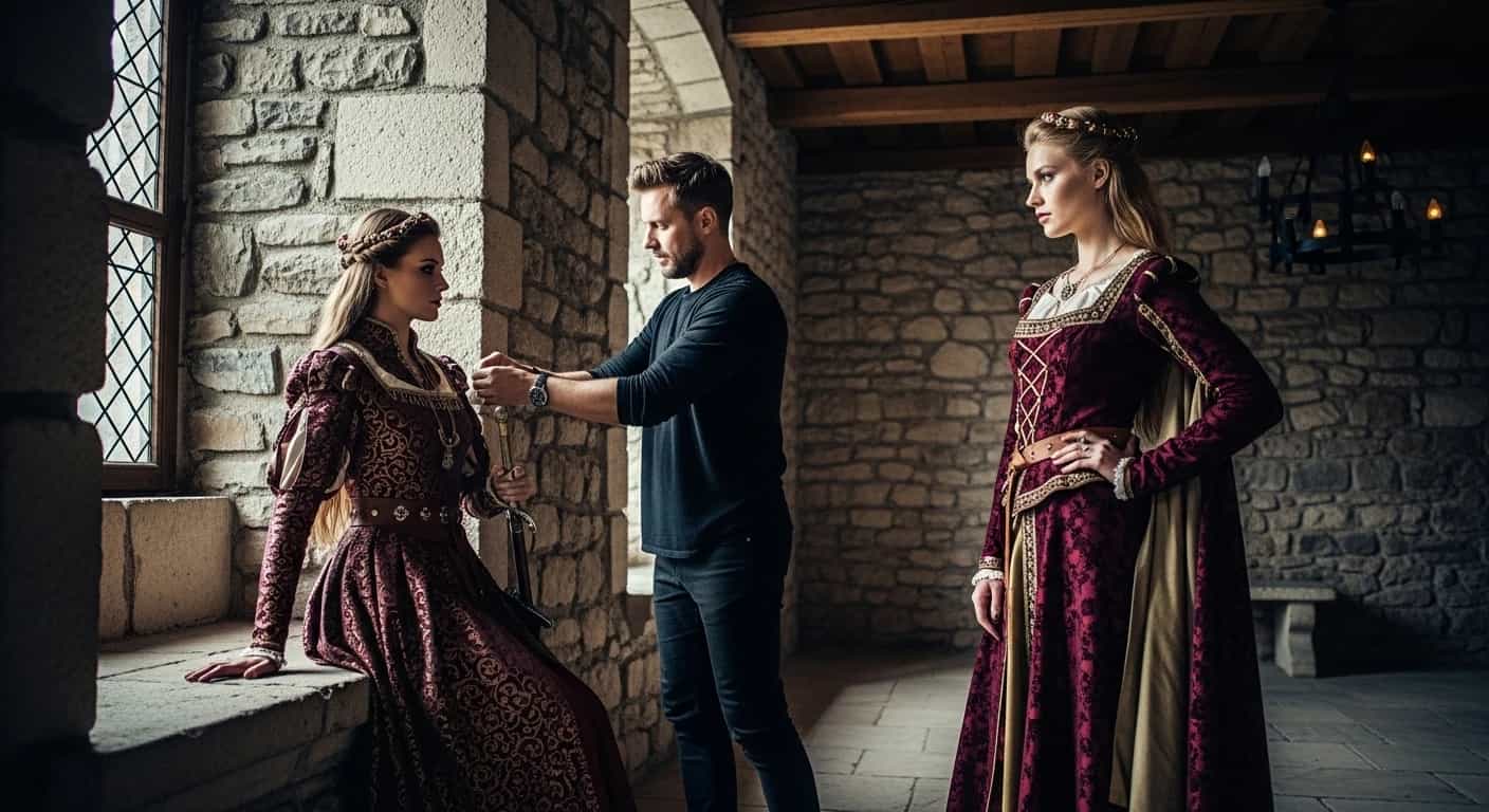 Bartosz Gelner pomaga uczestniczkom Top Model w sesji ze średniowiecznymi strojami