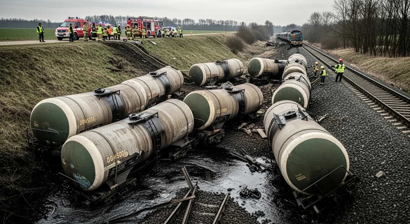 Wykolejenie pociągu towarowego pod Jaroszową Wolą - osiem cystern z olejem napędowym zjechało z nasypu
