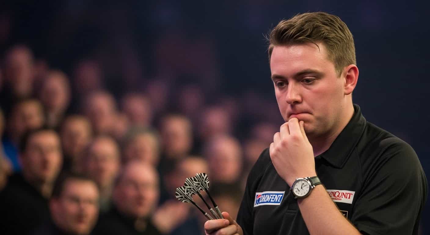 Luke Littler reaguje na buczenie tłumu podczas mistrzostw świata w dartsie