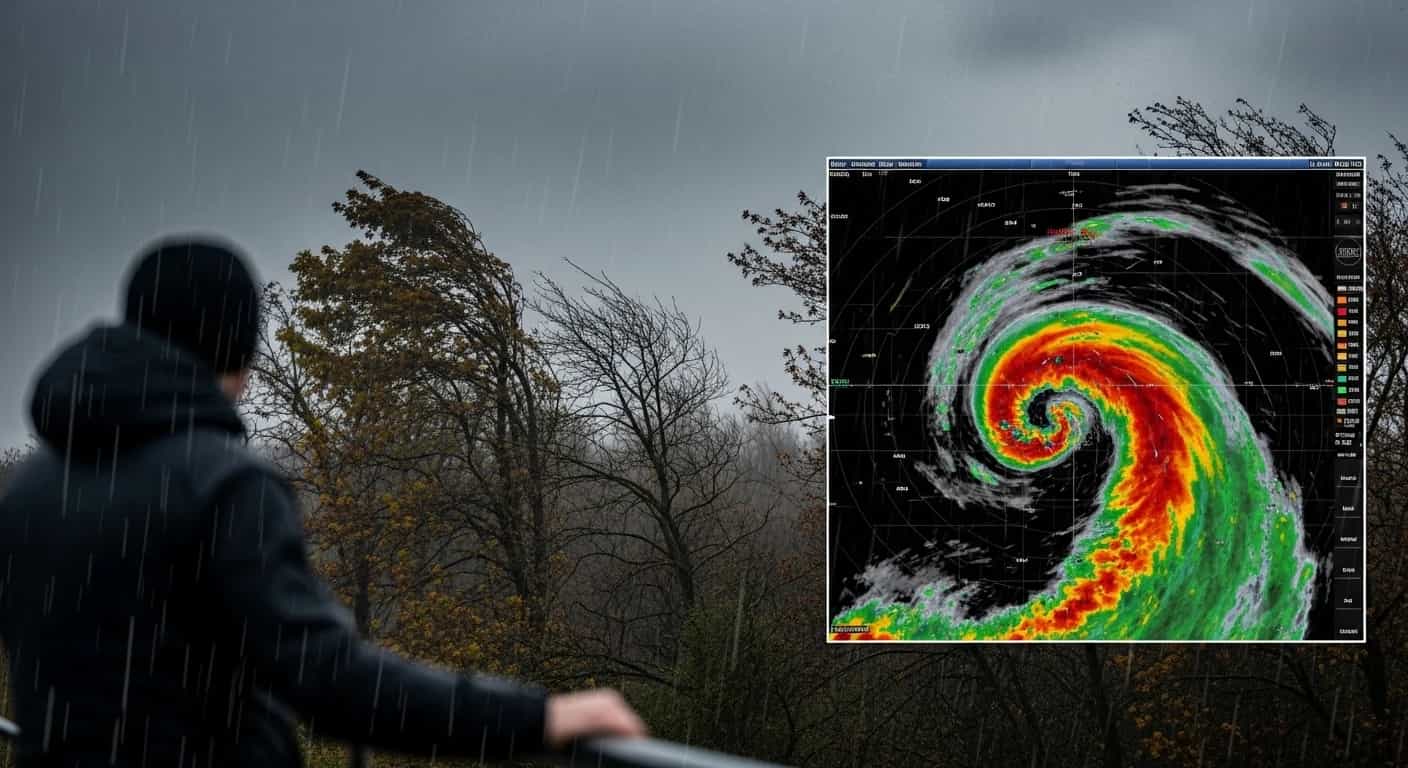 Radar pogodowy pokazuje nadchodzące zmiany - jesień w pełni z silnym wiatrem i opadami