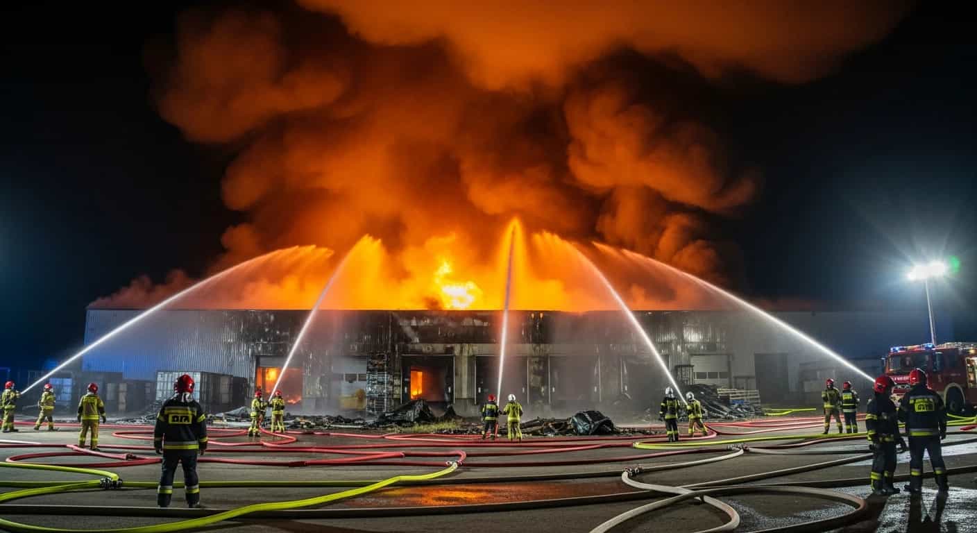 Dramatyczny pożar hali magazynowej w Skawinie - akcja gaśnicza trwa