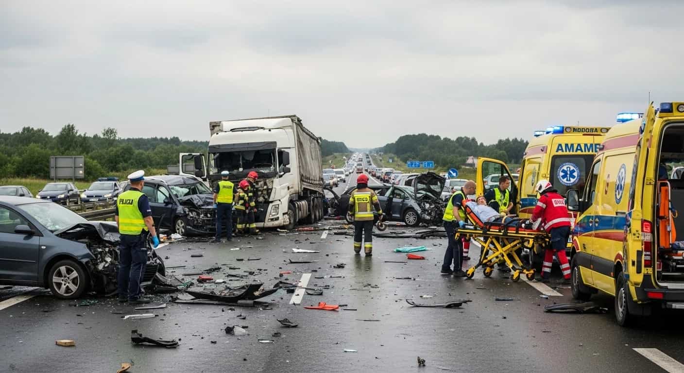 Poważny karambol na DK1 w Pszczynie - pięć osób hospitalizowanych, droga zablokowana