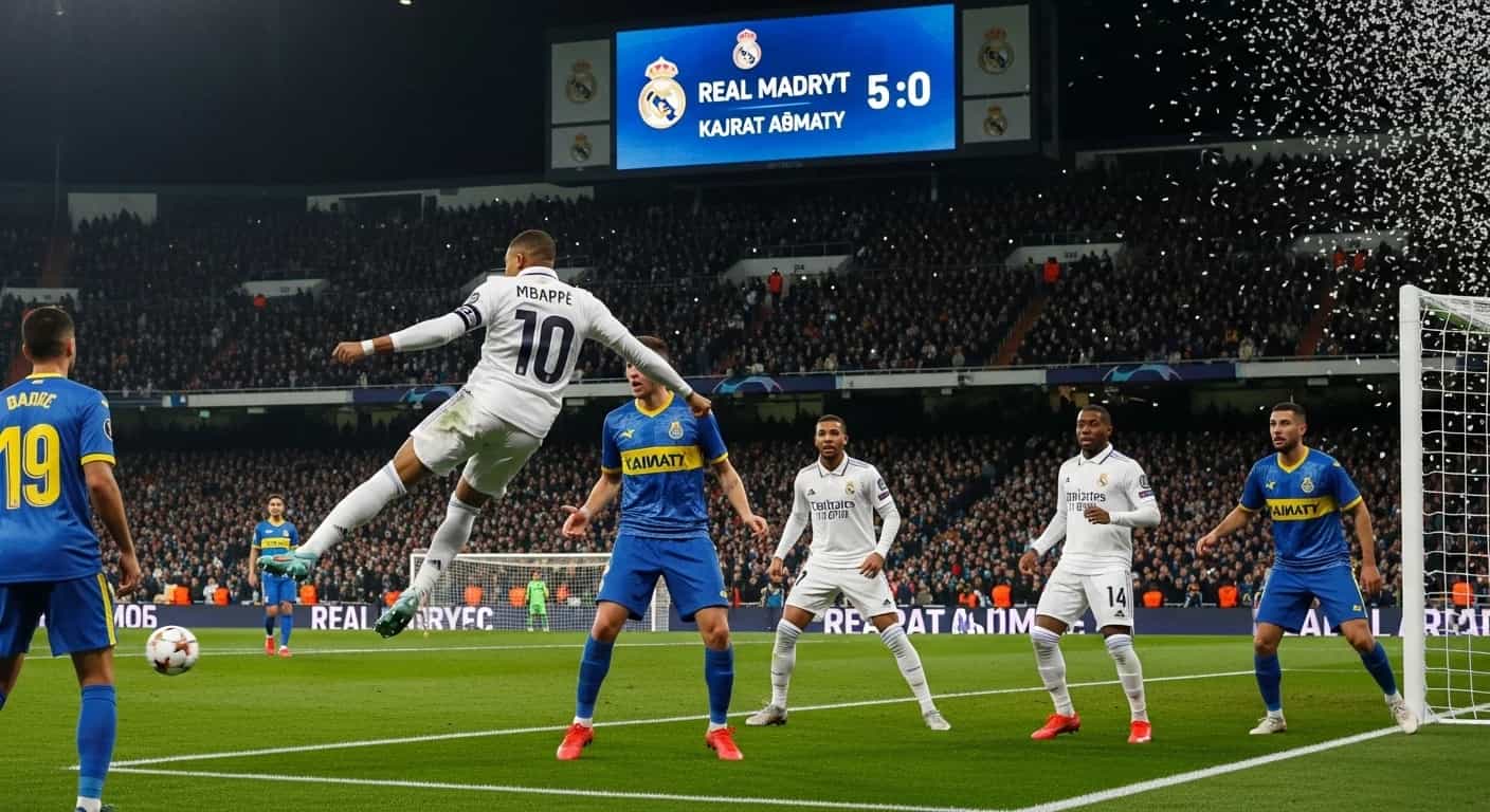 Real Madryt miażdży Kajrat Ałmaty 5:0 - Mbappe z hat-trickiem odpowiada na derbową klęskę