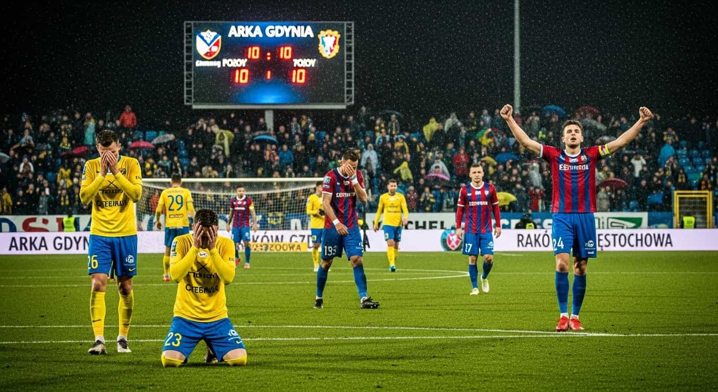 Arka Gdynia przegrała z Rakowem Częstochowa w dramatycznym meczu 17. kolejki Ekstraklasy