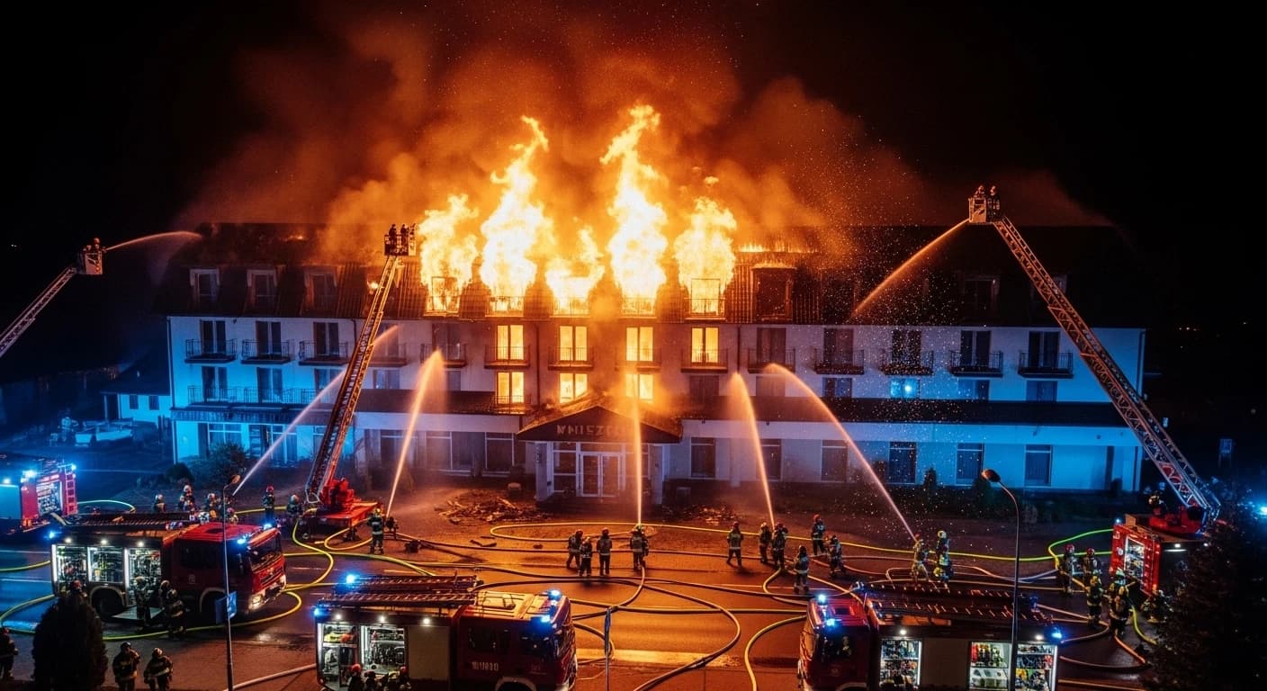 Dramatyczny pożar hotelu w Mniszewie na Mazowszu - 140 strażaków walczy z płomieniami
