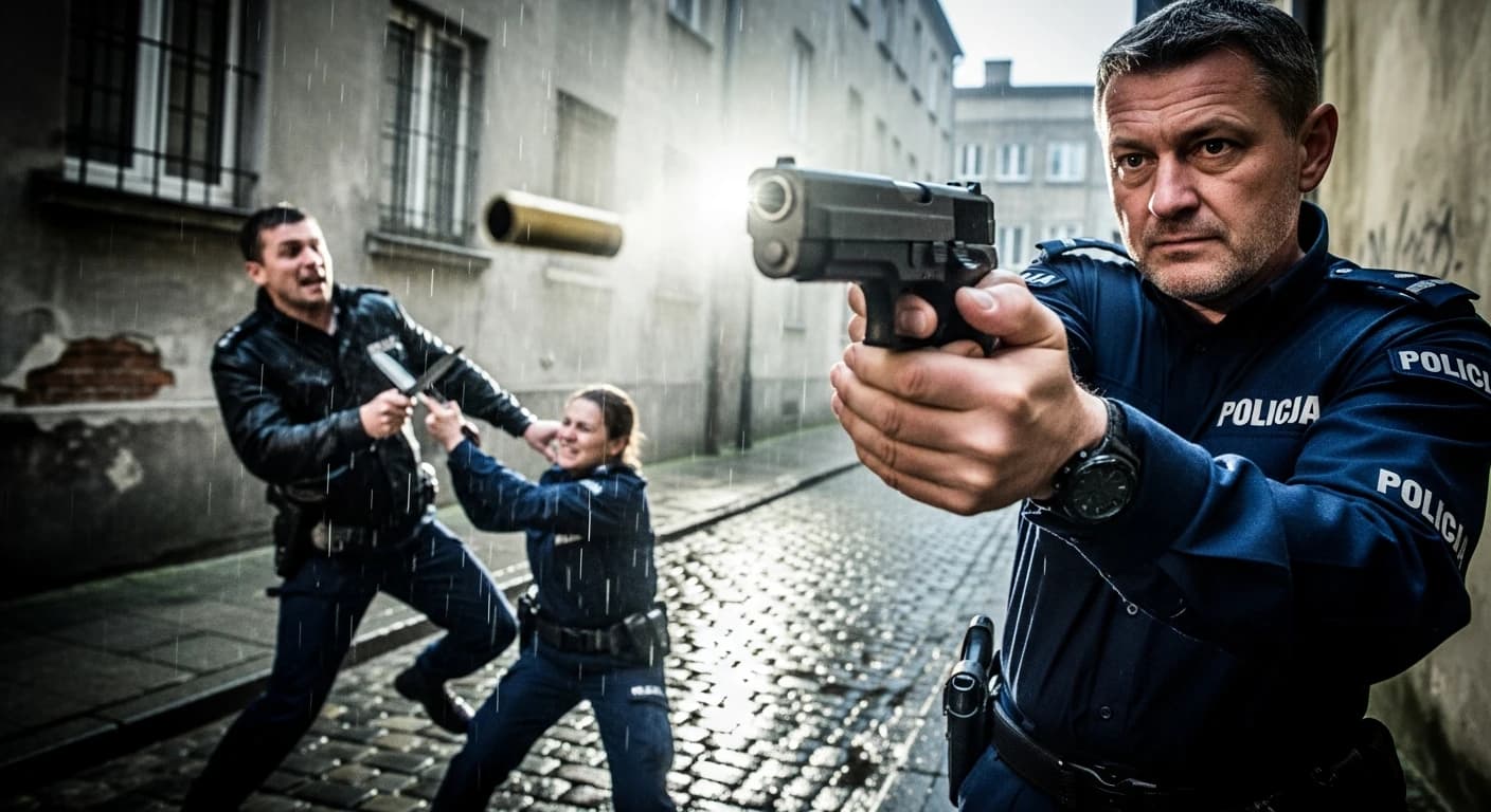 Dramatyczna interwencja w Pobiedziskach - policjant zastrzelił napastnika atakującego koleżankę nożem