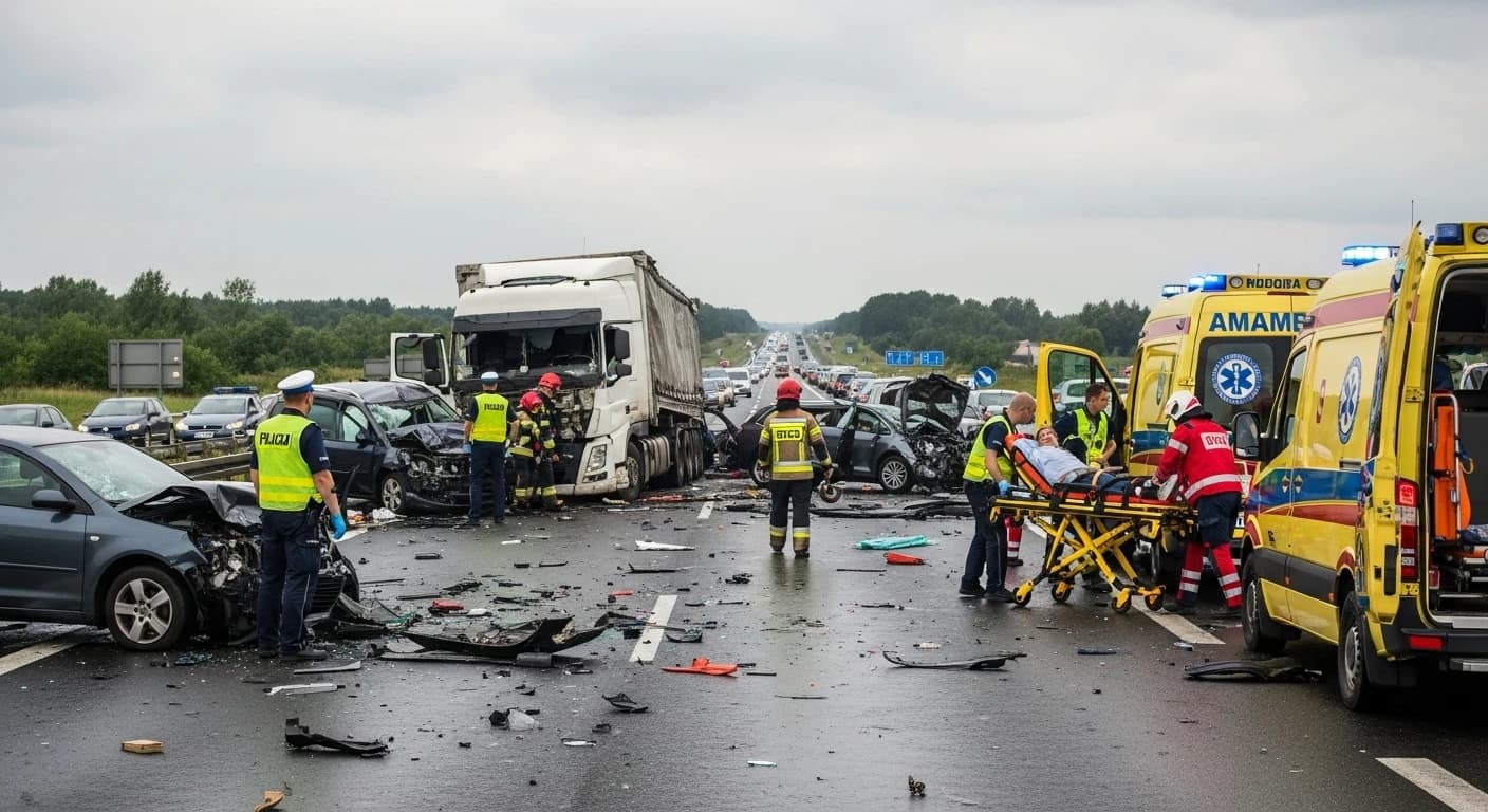 Poważny karambol na DK1 w Pszczynie - pięć osób hospitalizowanych, droga zablokowana