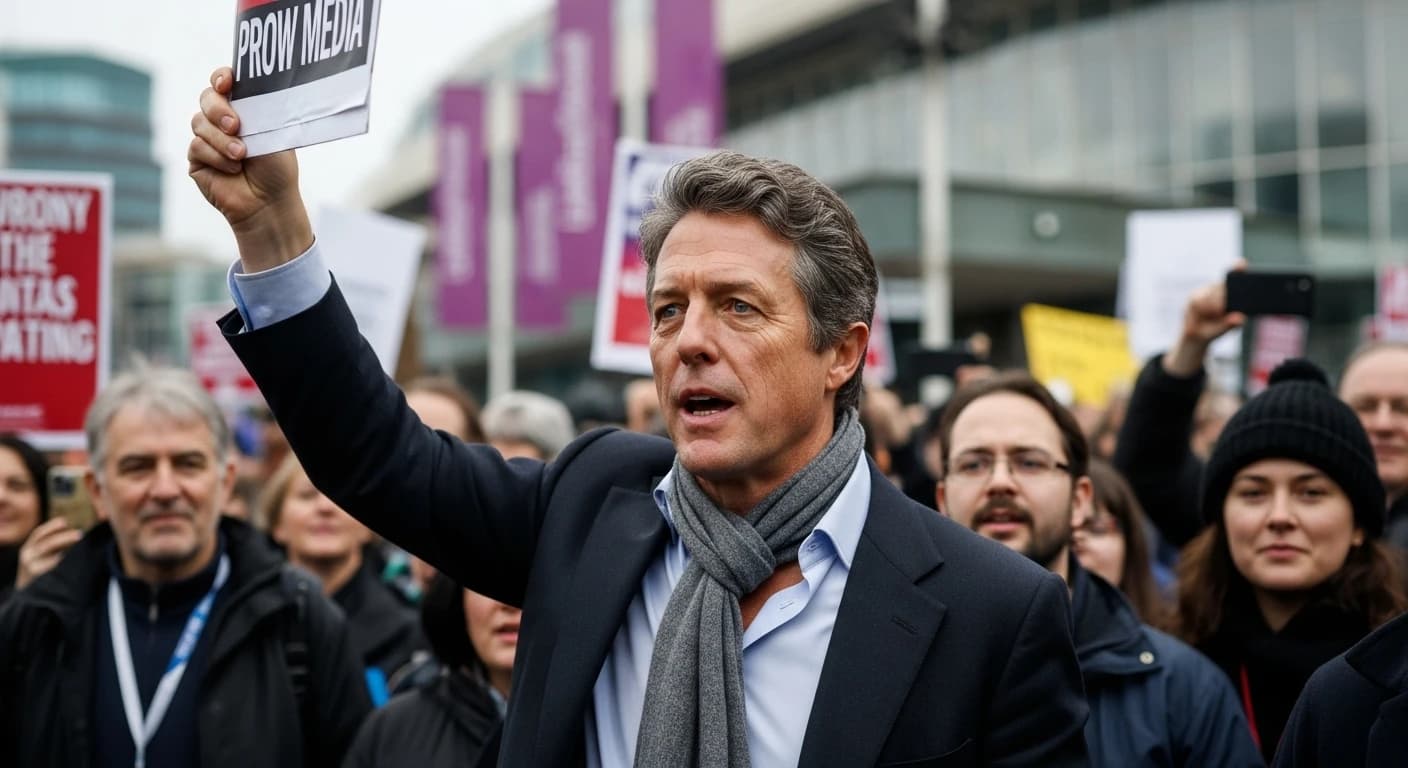 Hugh Grant dołącza do protestu przeciwko mediom podczas konferencji Partii Pracy w Liverpoolu