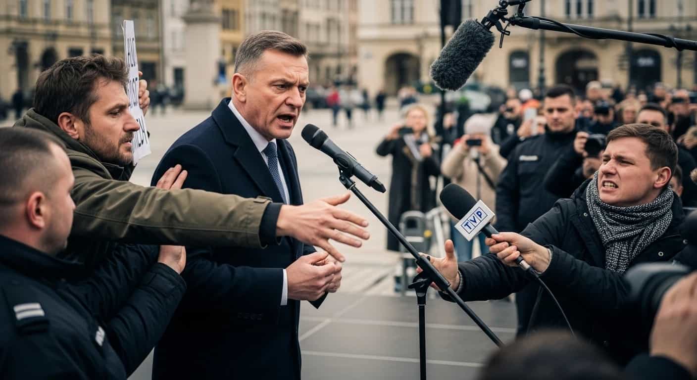 Kontrowersyjne wystąpienie Janusza Kowalskiego zakłócone przez przechodnia i dziennikarza TVP