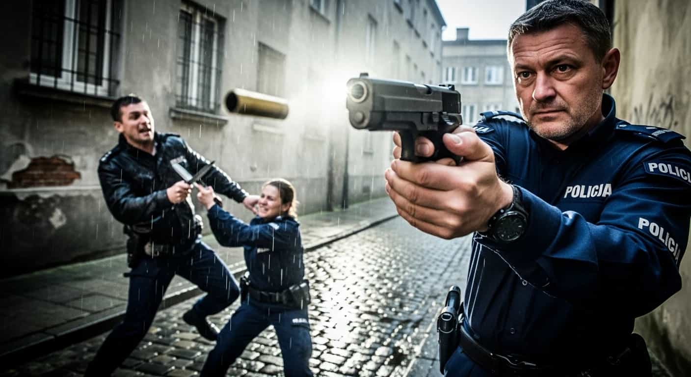 Dramatyczna interwencja w Pobiedziskach - policjant zastrzelił napastnika atakującego koleżankę nożem