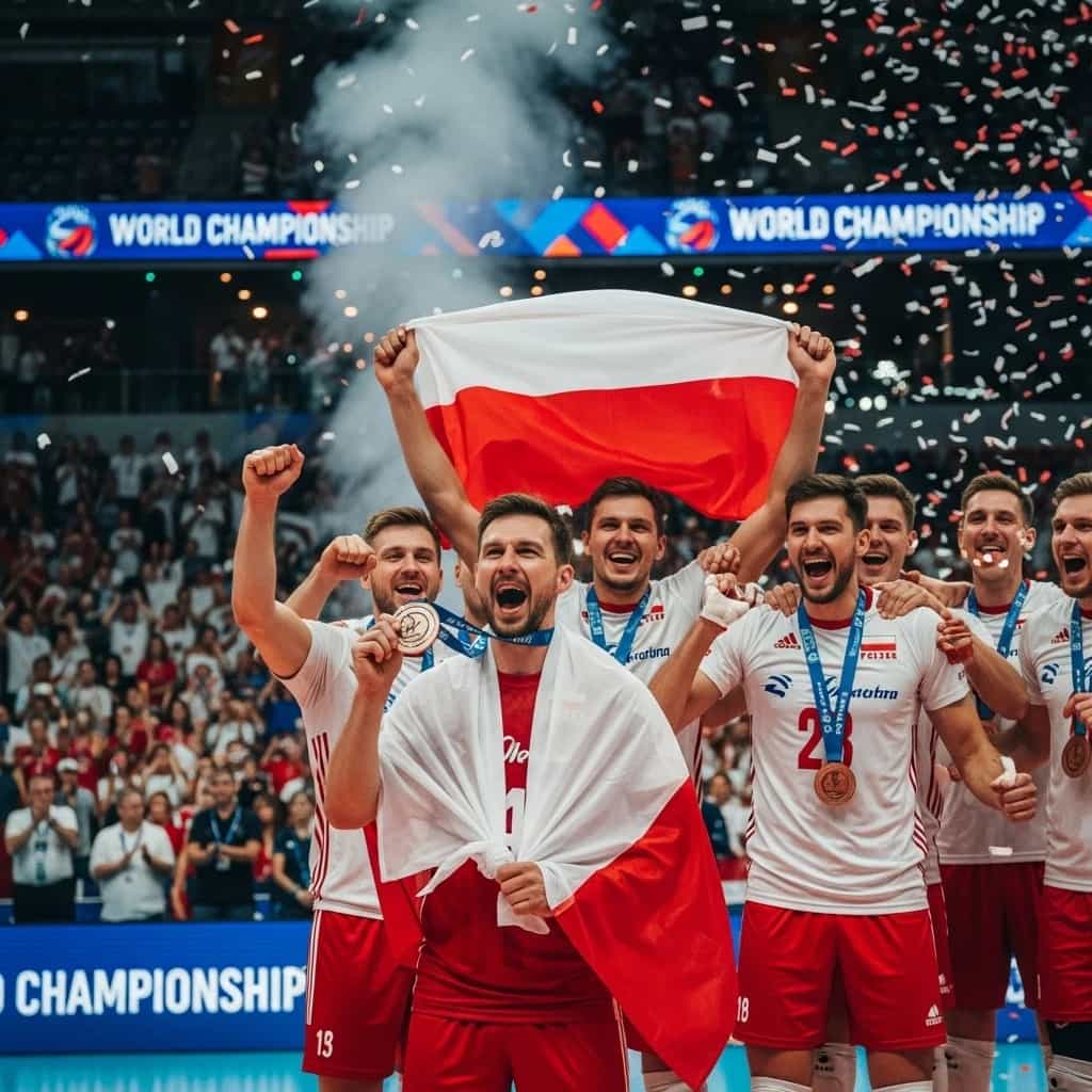 Polscy siatkarze z brązowym medalem mistrzostw świata po zwycięstwie nad Czechami 3:1