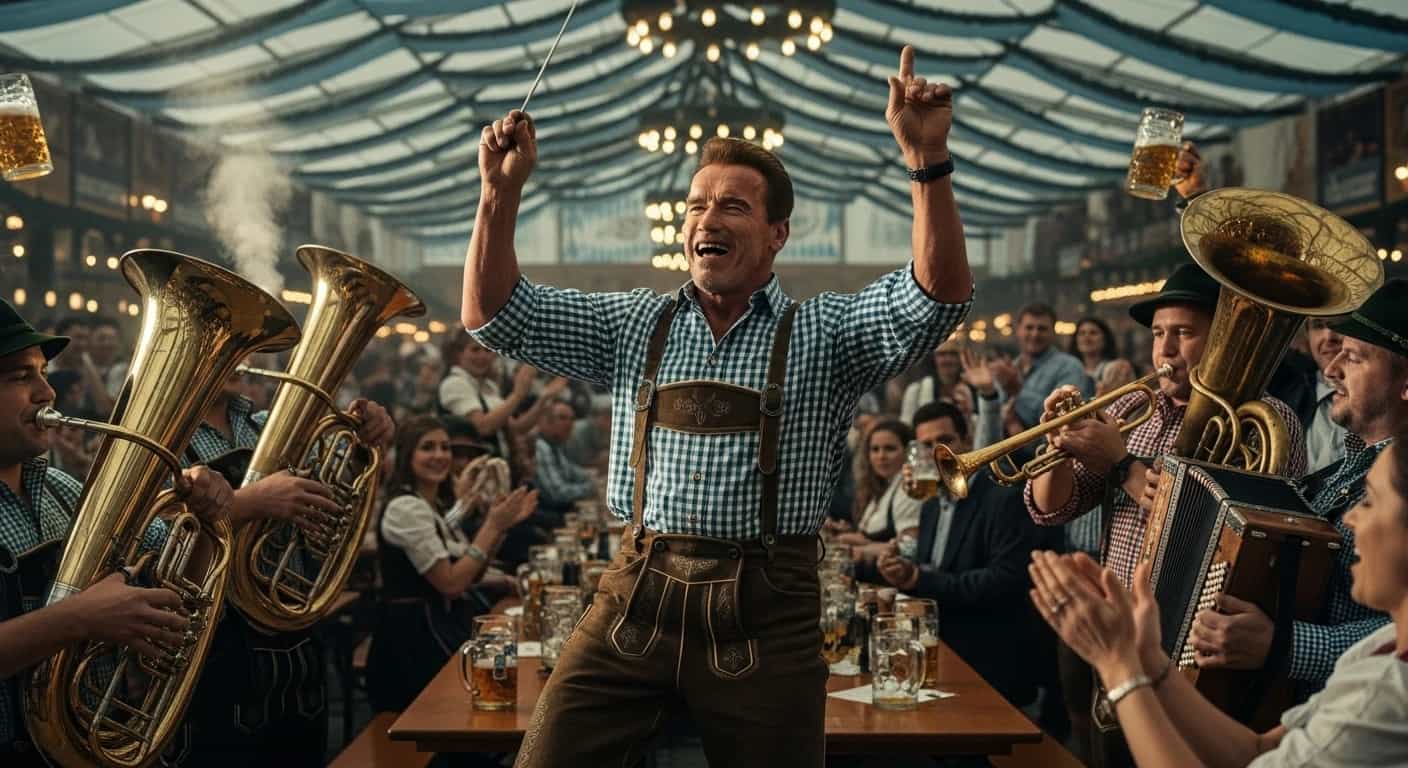 Arnold Schwarzenegger dyryguje zespołem w namiocie piwnym na Oktoberfest w Monachium