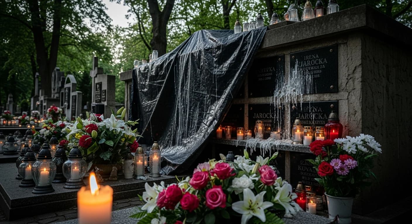Grób Ireny Jarockiej na Starych Powązkach wzrusza fanów - czarna płachta chroni kolumbarium przed woskiem ze zniczy
