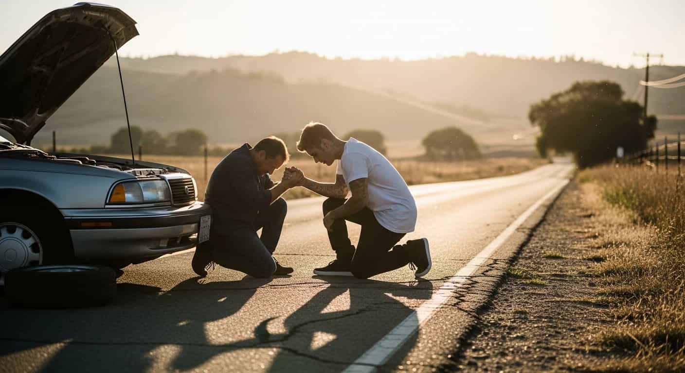 Justin Bieber zatrzymuje się, by pomóc nieznajomemu na drodze i odmawia z nim modlitwę