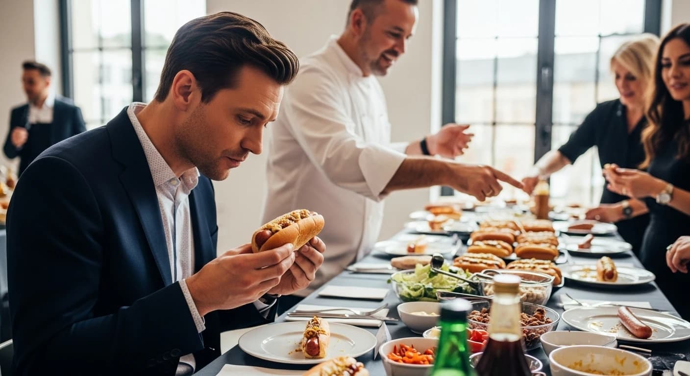 Mikołaj Roznerski oceniał hot dogi w MasterChefie podczas urodzinowej fety Michela Morana