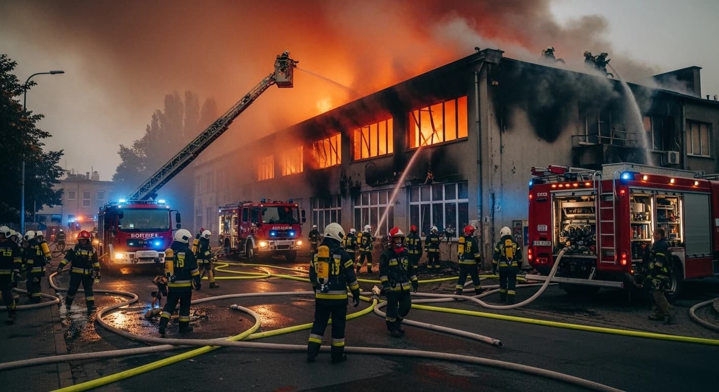 Poważny pożar warsztatu samochodowego w centrum Lublina - 60 strażaków walczyło z ogniem