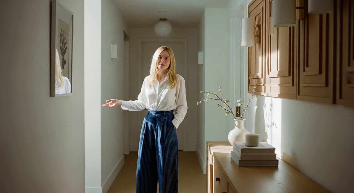 Dakota Fanning inspiruje minimalistycznym wystrojem przedpokoju - białe ściany i drewniane akcenty w roli głównej