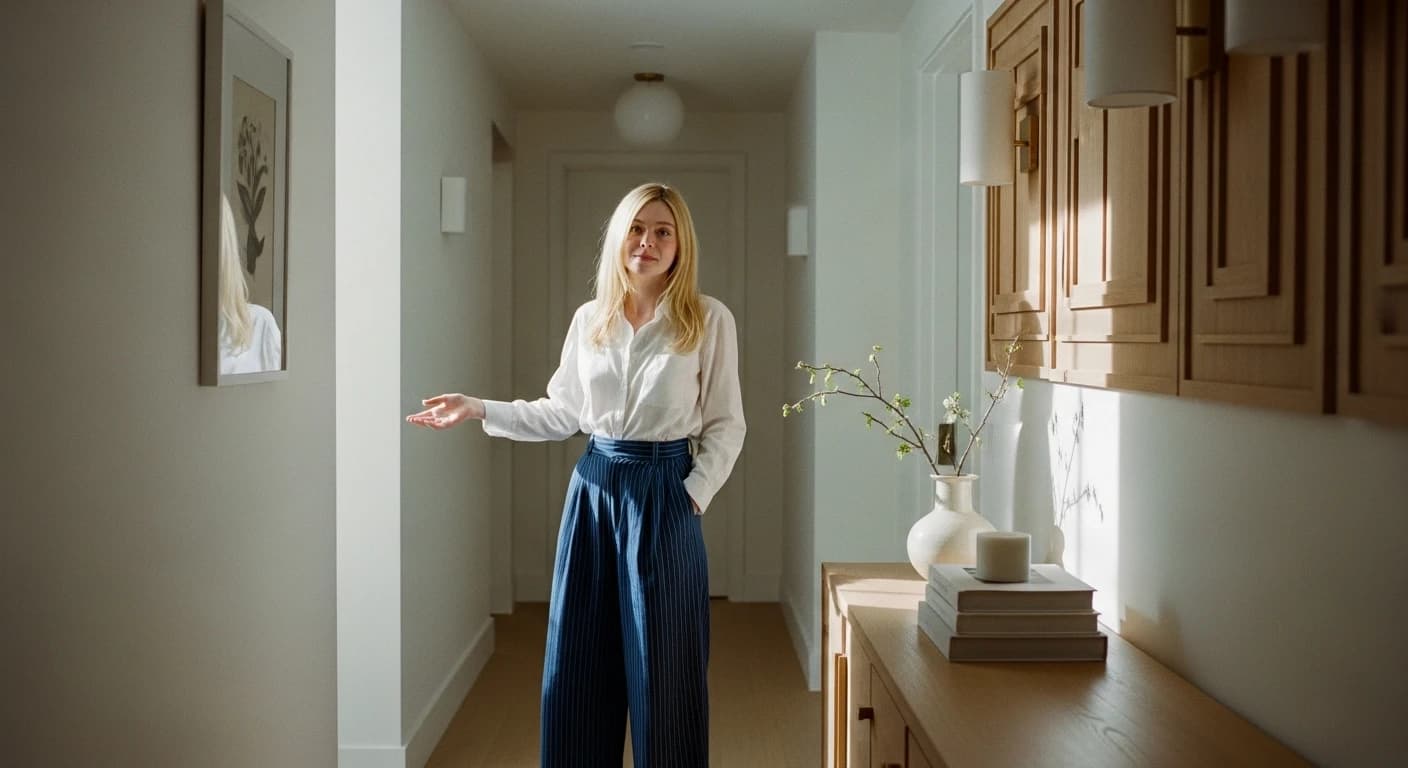 Dakota Fanning inspiruje minimalistycznym wystrojem przedpokoju - białe ściany i drewniane akcenty w roli głównej