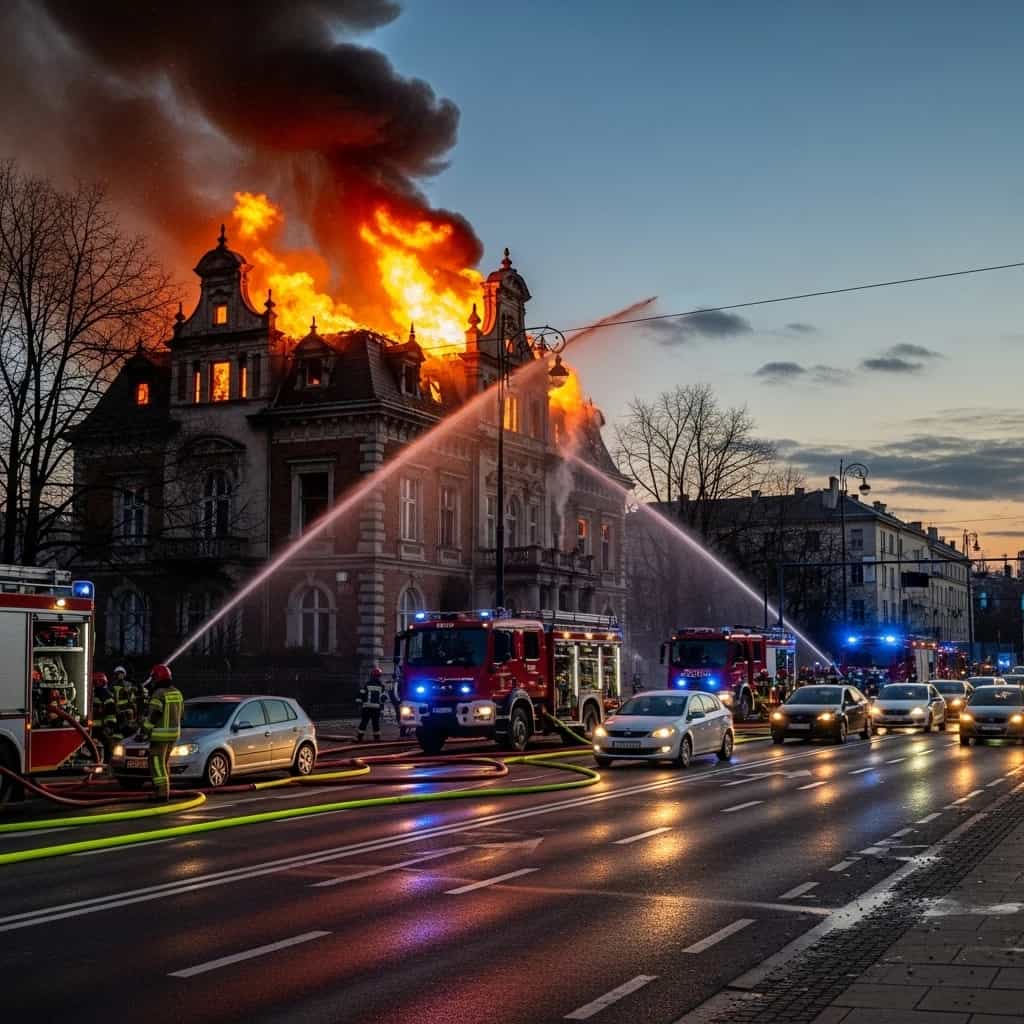 Pożar historycznej willi w Warszawie sparaliżował ruch na Żwirki i Wigury