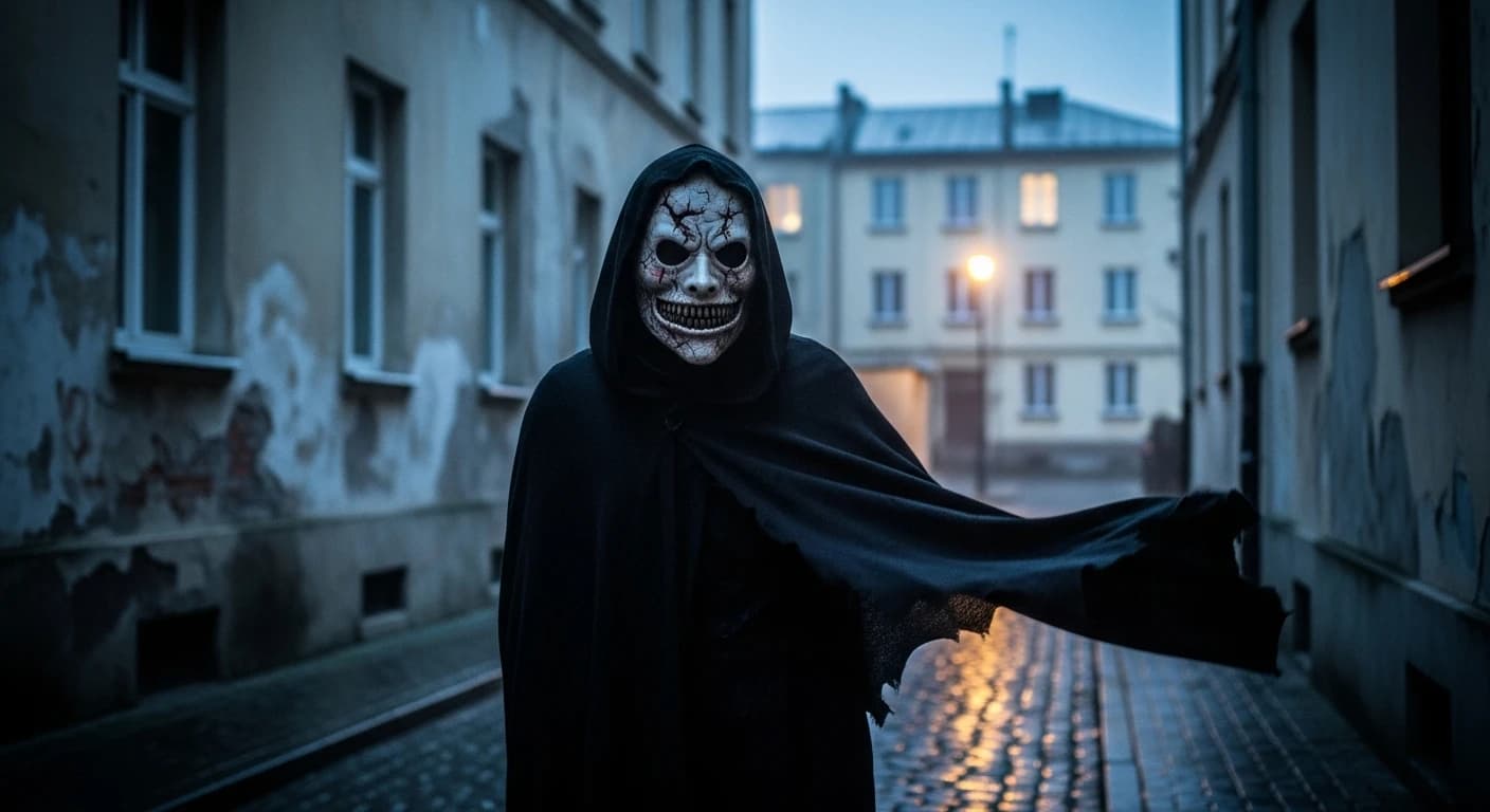 Tajemnicza postać w masce z horroru niepokoi mieszkańców Serocka - policja prowadzi dochodzenie